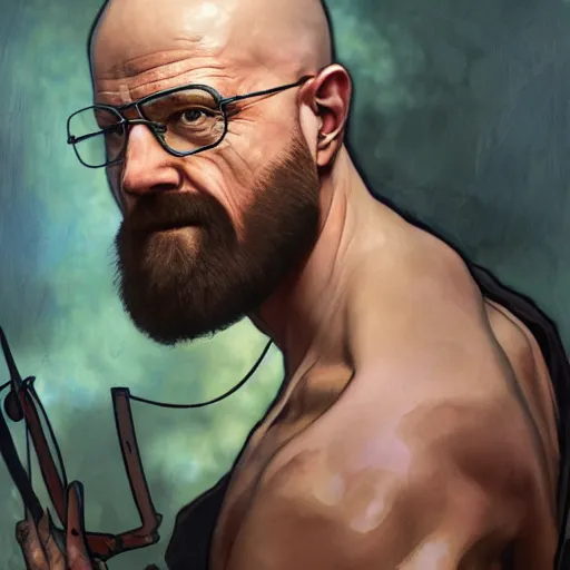 Image similar to Heisenberg as Kratos, highly detailed, digital painting, artstation, concept art, smooth, sharp focus, illustration, ArtStation, art by artgerm and greg rutkowski and alphonse mucha and J. C. Leyendecker and Edmund Blair Leighton and Katsuhiro Otomo and Geof Darrow and Phil hale and Ashley wood and Ilya repin and Charlie Bowater