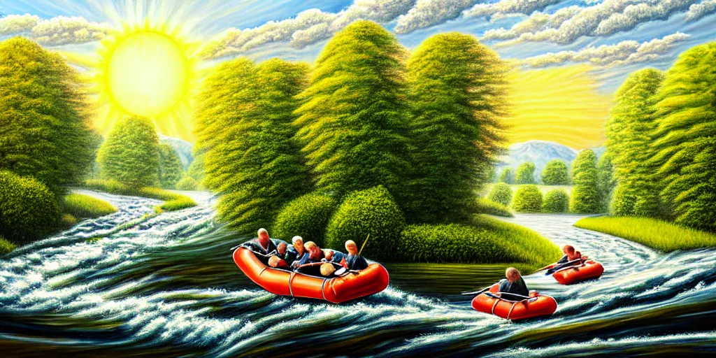 Image similar to A very detailed painting in the style of featuring a river in Europe surrounded by trees and fields. A rubber dinghy is slowly moving through the water. Sun is shining, photorealistic digital art