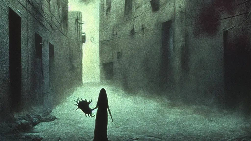 Image similar to the creature in the alley, film still from the movie directed by denis villeneuve and david cronenberg with art direction by salvador dali and zdzisław beksinski, wide lens