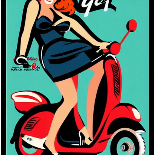 Image similar to vespa scooter, pinup girl, retro poster