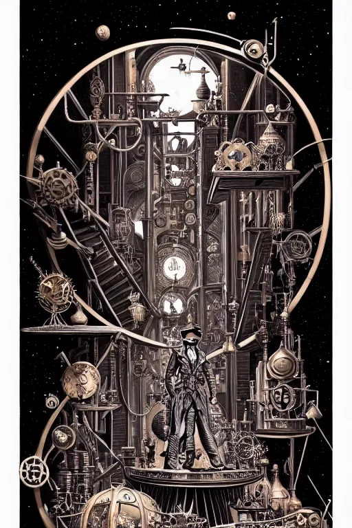 Image similar to a majestic steampunk alchemists scale, two point perspective, furniture, high details, bold line art, by vincent di fate and joe fenton, inking, etching, screen print, masterpiece, trending on artstation, sharp, high contrast, hyper - detailed,, hd, 4 k, 8 k