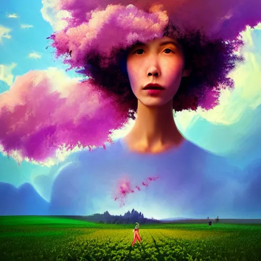 Image similar to girl with an exploding blooming flower for a head, surreal photography, dream, standing in flower field, magical, in a valley, sunrise dramatic light, impressionist painting, colorful clouds, artstation, simon stalenhag, blooming flower face