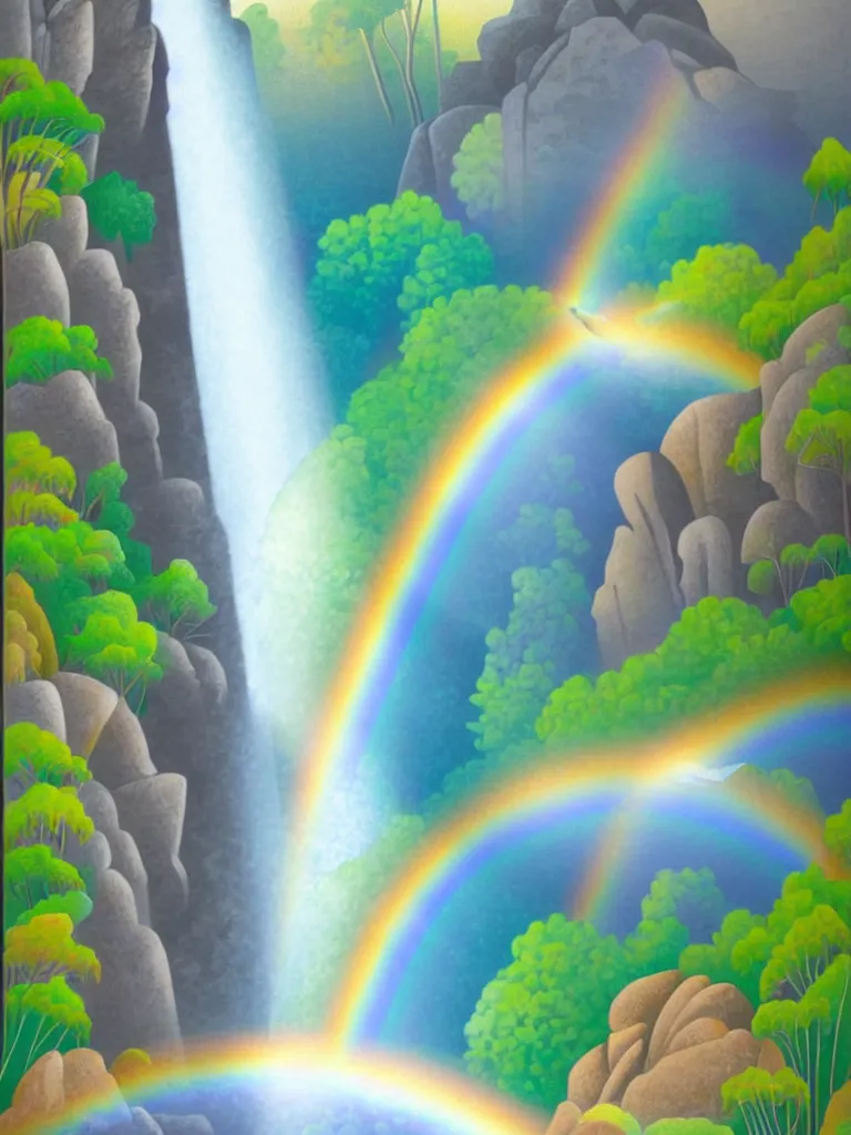 Image similar to artdeco illustration waterfall cascading onto rocks, small rainbow emerging in background, holographic, beautiful scenery,