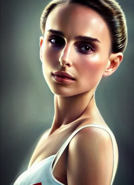 Prompt: Nathalie Portman as a glamorous and sexy nurse in chemisier, beautiful, pearlescent skin, natural beauty, seductive eyes and face, elegant girl, natural beauty, very detailed face, seductive lady, full body portrait, natural lights, photorealism, summer vibrancy, cinematic, a portrait by artgerm, rossdraws, Norman Rockwell, magali villeneuve, Gil Elvgren, Alberto Vargas, Earl Moran, Enoch Bolles