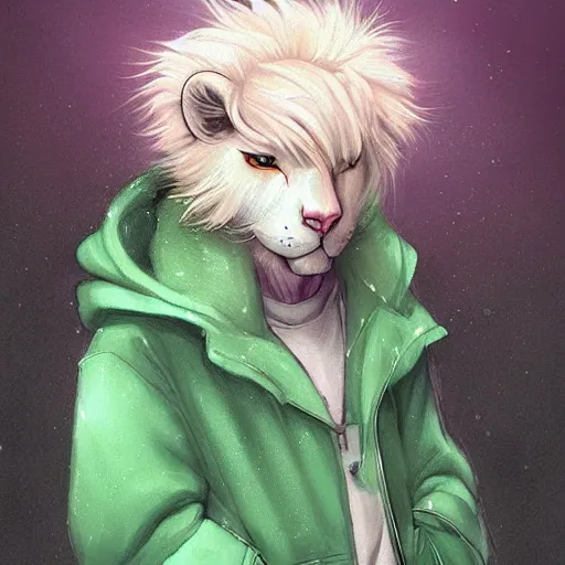 Image similar to aesthetic portrait commission of a albino male furry anthro lion in a rainy utopian city while wearing a cute green jacket cozy soft pastel winter outfit with pearls on it, rainy atmosphere. character design by charlie bowater, ross tran, artgerm, and makoto shinkai, detailed, inked, western comic book art, 2 0 2 1 award winning painting