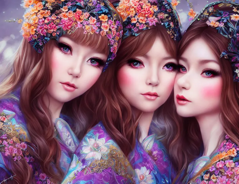 Image similar to two beautiful fashion siberian girls wear fantasy kimono in festival | | big eyes, sunny, dreamlike art, realistic shaded, smile, good looking, hyper details, 4 k realistic, cryengine, realistic shaded lighting poster by artgerm, ross tran, fuji choko, loish, 8 k resolution, trending on artstation, luxury