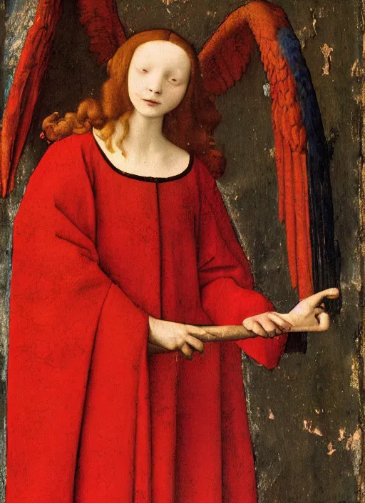 Image similar to Flying Fallen Angel with wings dressed in red, Medieval painting by Jan van Eyck, Johannes Vermeer, Florence