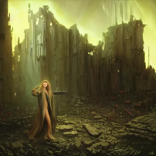 Image similar to a portrait of a young woman wearing a long dark cloak, performing on an various esoteric looking electronic music devices and an enormous modular synthesizer rig amidst the ruins of deserted and decaying city, oil painting, matte painting, Volumetric Golden dappled dynamic lighting, Highly Detailed, Cinematic Lighting, Unreal Engine, 8k, HD, by Beksinski