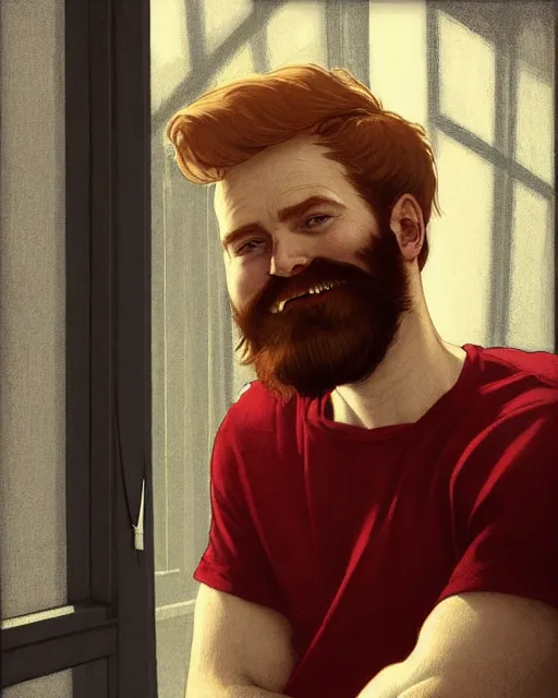 Image similar to low angle of attractive red - headed bearded man wearing a white t - shirt looking out the window expectantly, a smile on his lips, highly detailed, digital painting, artstation, concept art, smooth, sharp focus, illustration, art by artgerm, greg rutkowski, alphonse mucha, j. c. leyendecker