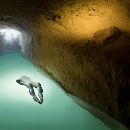 Image similar to An award winning photo of a Ningen resting in it's underwater cave, hyper realistic, 4K ultra HD