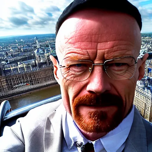 Image similar to walter white doing a selfie from the top of the big ben in london, realistic, cool, nice, beautiful