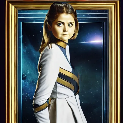 Image similar to a beautiful full body photograph of younger jenna louise coleman as a star fleet officer from star trek next generation, full dress uniform, symmetrical face, extreme realism and detail, 8 k, completely framed, direct lighting, 3 5 mm photo, photorealistic, sharp focus