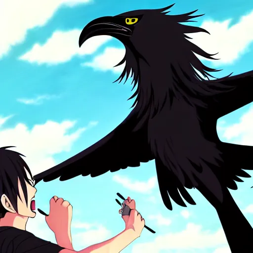 Image similar to a giant black crow screaming at a guy with long white hair, anime, pixiv