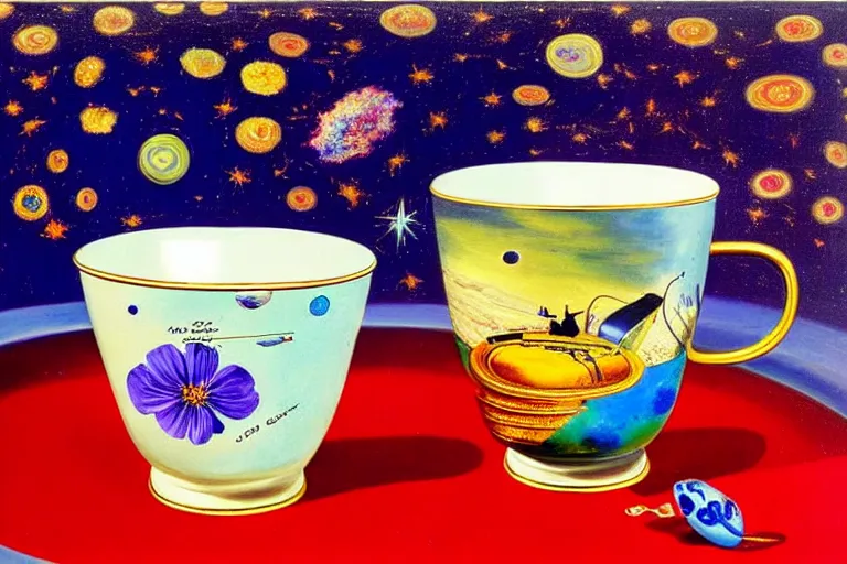 Image similar to painting of Starry cosmos trapped in vintage enameled cup of tea By Salvador Dali