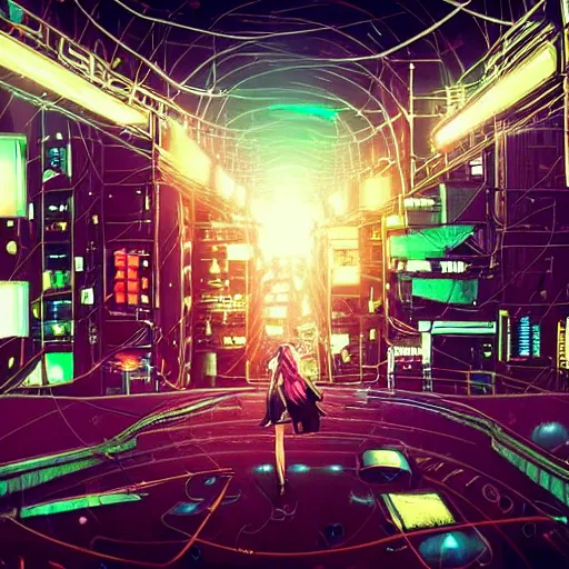 Prompt: android mechanical cyborg girl in overcrowded urban dystopia gigantic future city night neon lights raining makoto shinkai wide angle distant shot dark and dreary