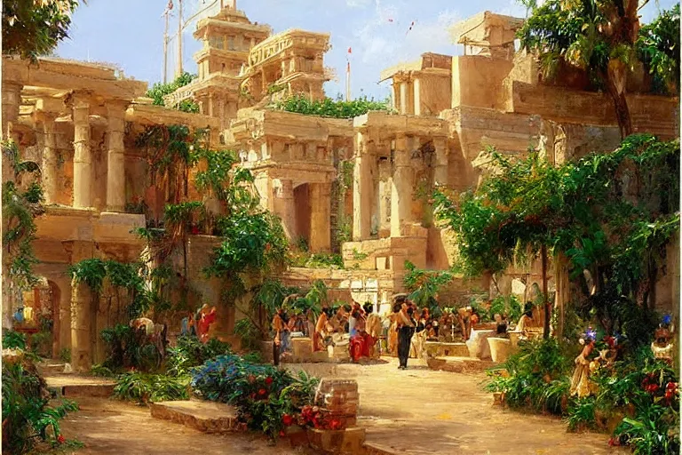 Prompt: ancient city of Babylon, hanging gardens of babylon. By Konstantin Razumov, highly detailed