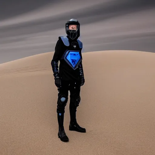 Prompt: medium face shot of adult Austin Butler dressed in black-prussian blue futuristic-tudoresque clothing with embroidered-Ram-emblem, and nanocarbon-vest, in an arena in Dune 2021, XF IQ4, f/1.4, ISO 200, 1/160s, 8K