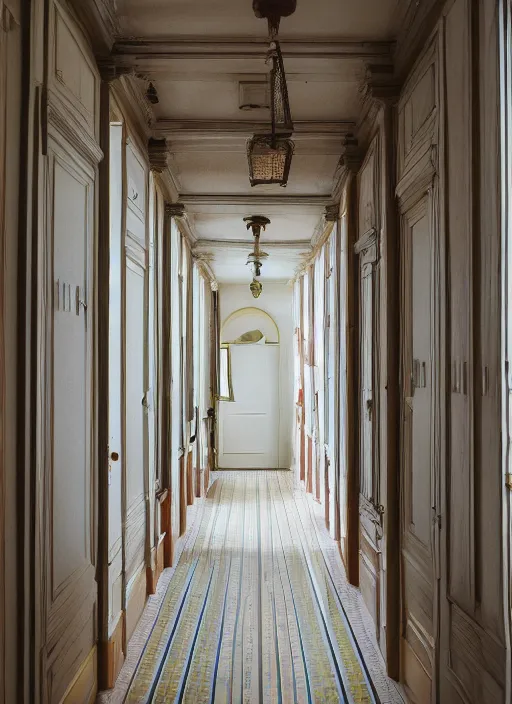 Image similar to photograph of a hallway in the style of Wes Anderson, architecture magazine, dezeen, 50mm, pentax, film