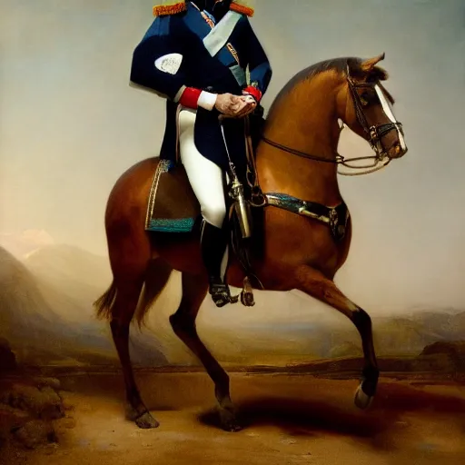 Image similar to Napoleon Bonaparte presenting his new electric scooter by Jeremy Lipkin and Giuseppe Dangelico Pino, oil on canvas, epic pose, cinematic, poster, 8k