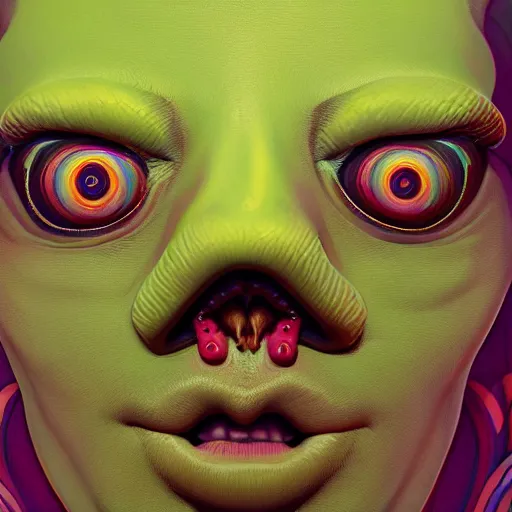 Image similar to colourful breathtakingly weird beautiful powerful magical wonderfully majestic beautifully cool character closeup by michael whelan, moebius, beeple, dan mcpharlin, pascal blanche, jamie hewlett, richard dadd, symmetrical, extreme close up with a serene expression, 8 k artstation