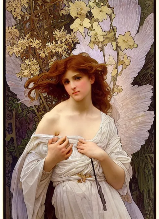 Prompt: portrait of a beautiful angel, intricate, elegant, highly detailed by alphonse mucha and william - adolphe bouguereau