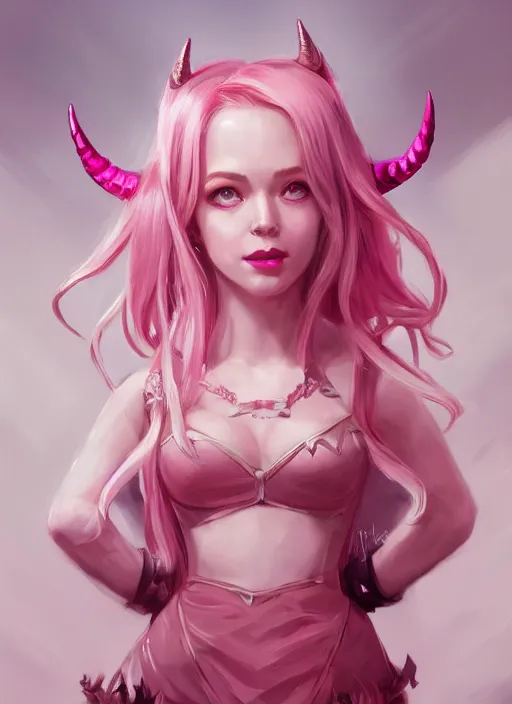 Prompt: a highly detailed illustration of cute smug pink haired pale girl with horns wearing great pink dress, dramatic smirk pose, intricate, elegant, highly detailed, centered, digital painting, artstation, concept art, smooth, sharp focus, league of legends concept art, wlop.