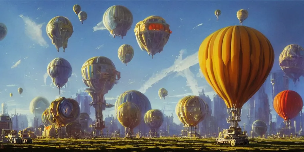 Prompt: landscape of an alien world, futuristic skyscraper, robots stand on guard, hot air balloons in the sky. morning light. by peter elson, by john berkey. vibrant colors