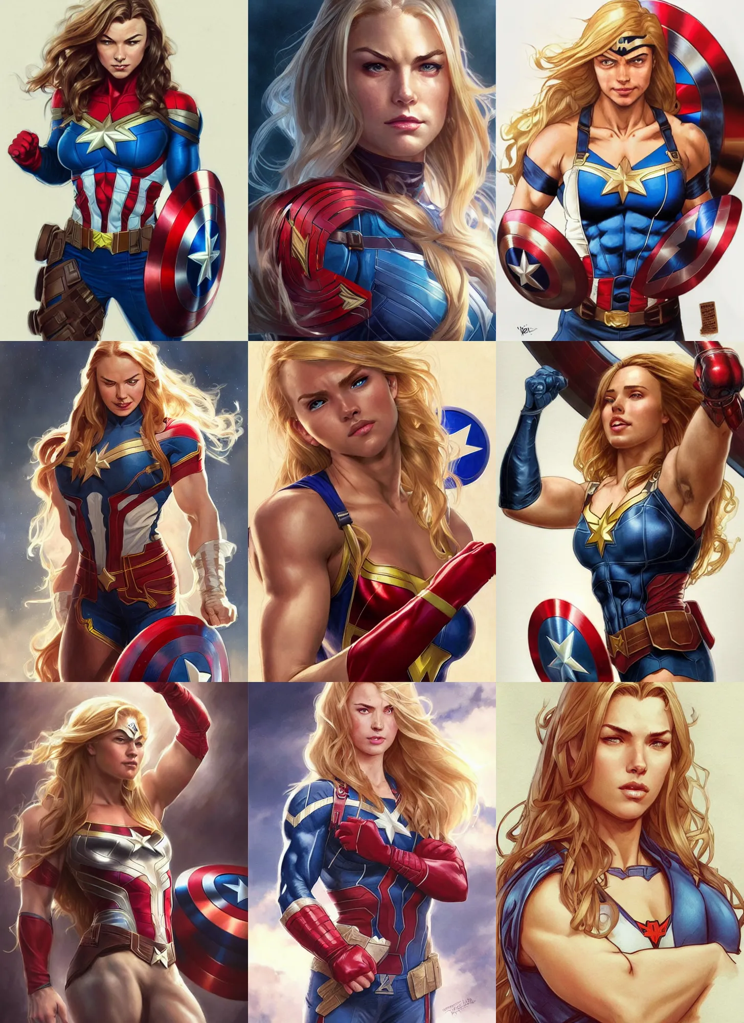 Prompt: a very muscled young april with a mischievous face and extremely long blonde wavy hair dressed as captain america, batman, the flash, captain marvel, wonder woman, a superhero. beautiful detailed face, artgerm, greg rutkowski, alphonse mucha