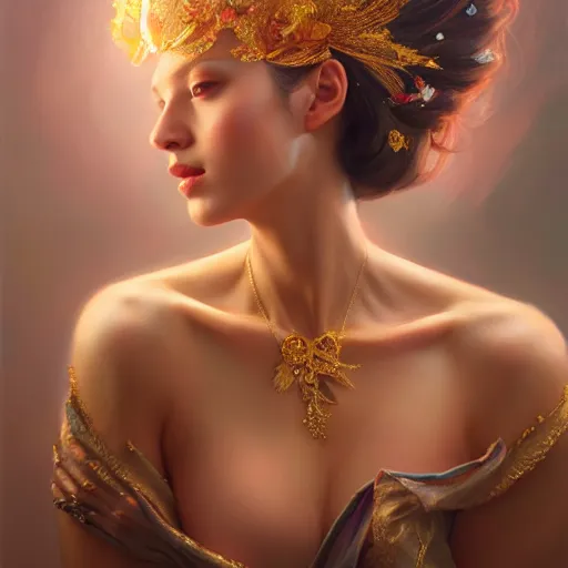 Prompt: expressive oil painting, of alluring european princess, seductive look, smooth glowing skin, glistening body, sweat, slender, ornate headpiece made from flowers, glamour shot, by yoshitaka amano, by greg rutkowski, by jeremyg lipkinng, by artgerm, digital art, octane render