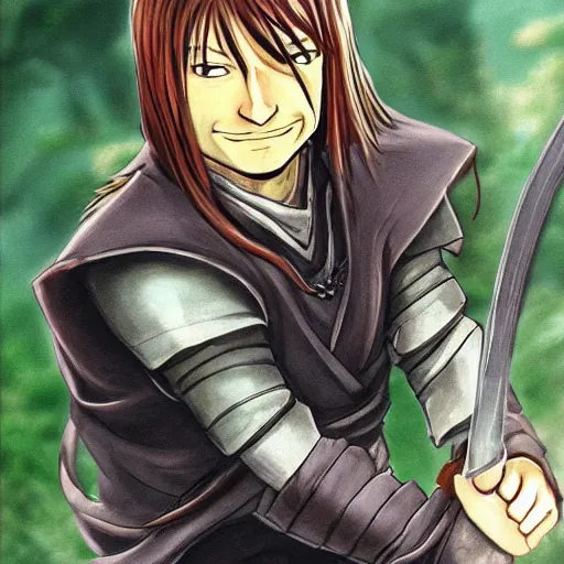 Image similar to boromir in an anime world, holding a sword, incredibly detailed, ultra realistic