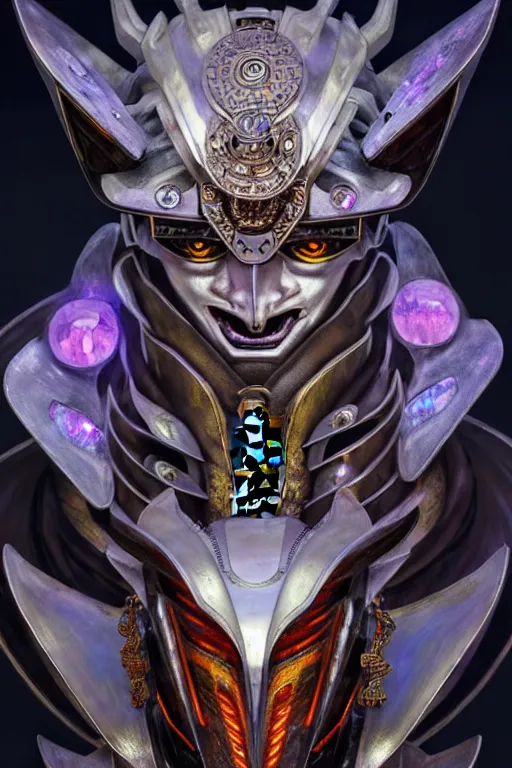 Image similar to asura from chinese myth, ghost, luxurious armor mixed with leather and metal, dystopian, cyberpunk, mecha, halfturn portrait of a big crystal face made of crystals half - turn, ominous, intricate, studio, art by anthony macbain + greg rutkowski + alphonse mucha, concept art, 4 k, sharp focus