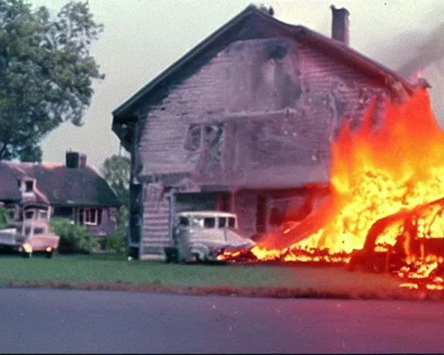 Image similar to a movie still from 'A Goose Set my House on Fire', 40mm tape, technicolour film, goose in foreground!!!!, housefire!, letterboxing, widescreen