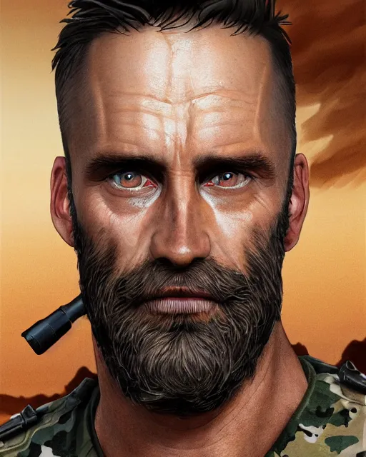 Prompt: portrait of muscular, tired and fucked up 4 3 - year - old handsome man with short darkblonde hair, serious bad look in his mimic, rusty beard, blue eyes, wearing dirty soldier uniform, on the desert, hyper realistic face, beautiful eyes, character art, art by mark brooks, hyperdetailed, cryengine, trending on artstation, digital art
