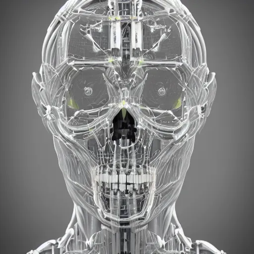 Prompt: very detailed portrait 55mm photo of a mechanical crystal head without skin, optic fiber nerves, gears in his head and cybernetic enhancements with no plating. with cybernetics. Has cameras for eyes. In the forest with bokeh. Ray tracing and tessellation. Very sharp high detailed 8k image