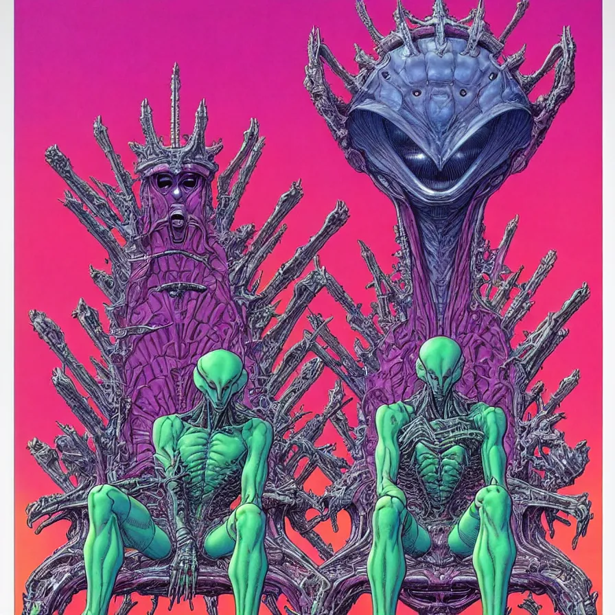 Image similar to ( ( ( ( an alien king sitting on a throne, decorative frame design ) ) ) ) by mœbius!!!!!!!!!!!!!!!!!!!!!!!!!!!, overdetailed art, colorful, artistic record jacket