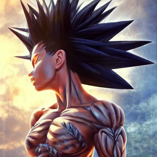 Image similar to warrior girl, muscular girl, wild spiky black saiyan hair, long spiky hair, electrified hair, insane hair, electrical aura, high voltage, ultra realistic, intricate details, highly detailed, subsurface scattering, photorealistic, octane render, 8 k, art by artgerm, greg rutkowski, magali villeneuve, alphonse mucha