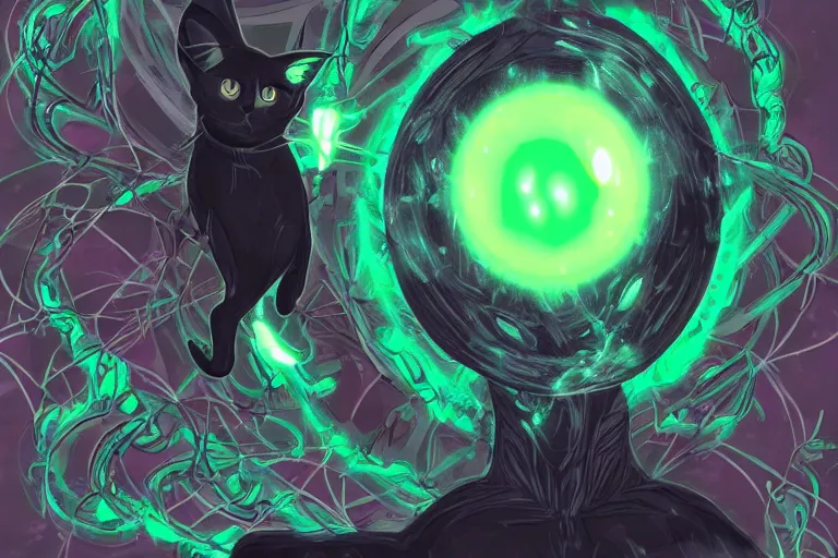 Prompt: black cat with glowing green eyes activating a human transmutation circle, digital illustration, artstation, artstation hq, hd