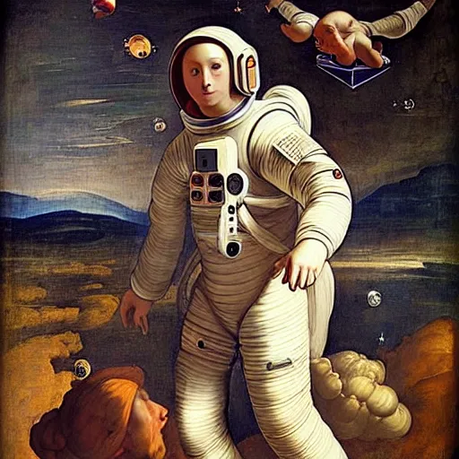 Image similar to beautiful renaissance painting of an astronaut floating in space