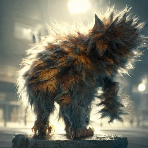 Image similar to full body pose, hyperrealistic photograph of a cute fuzzy goblin monster, dim volumetric lighting, 8 k, octane beautifully detailed render, extremely hyper detailed, intricate, epic composition, cinematic lighting, masterpiece, trending on artstation, very very detailed, stunning, hdr, smooth, sharp focus, high resolution, award, winning photo, dslr, 5 0 mm