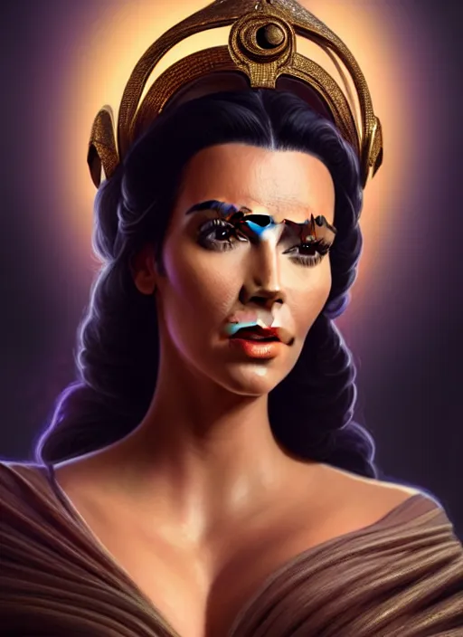 Image similar to A film still of kim kardashian as princess leigha in star wars, highly detailed, digital painting, artstation, concept art, sharp focus, illustration, cinematic lighting, art by artgerm and greg rutkowski and alphonse mucha diffuse lighting, fantasy, intricate, elegant, highly detailed, lifelike, photorealistic, digital painting, artstation, illustration, concept art, smooth, sharp focus, art by John Collier and Albert Aublet and Krenz Cushart and Artem Demura and Alphonse Mucha