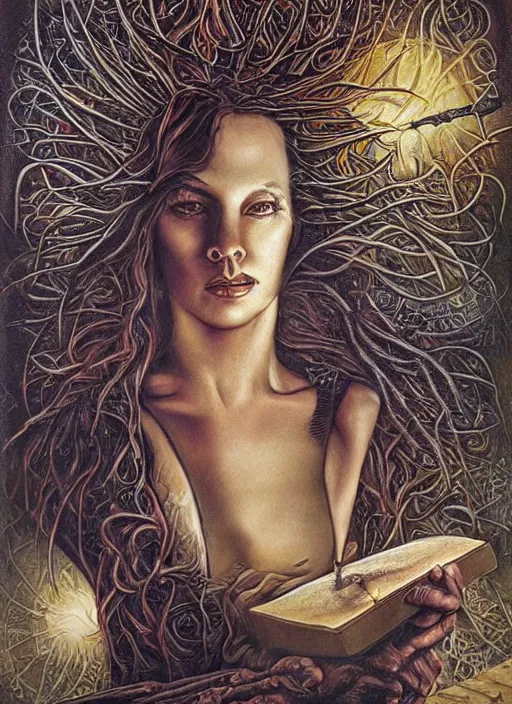 Image similar to supernatural ideal cult leader, extra - sensory perception and parapsychology, showing hidden knowledge from dark ritual book, intricate detail, surrealism masterpiece composition, by julie bell