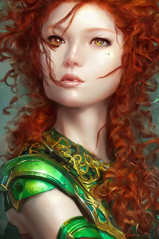 Image similar to A realistic anime portrait of long curly haired redhead female ranger wearing an intricate fantasy ranger outfit, asian facial features, green eyes, digital painting, by Stanley Artgerm Lau, Sakimichan, WLOP and Rossdraws, digtial painting, trending on ArtStation, SFW version