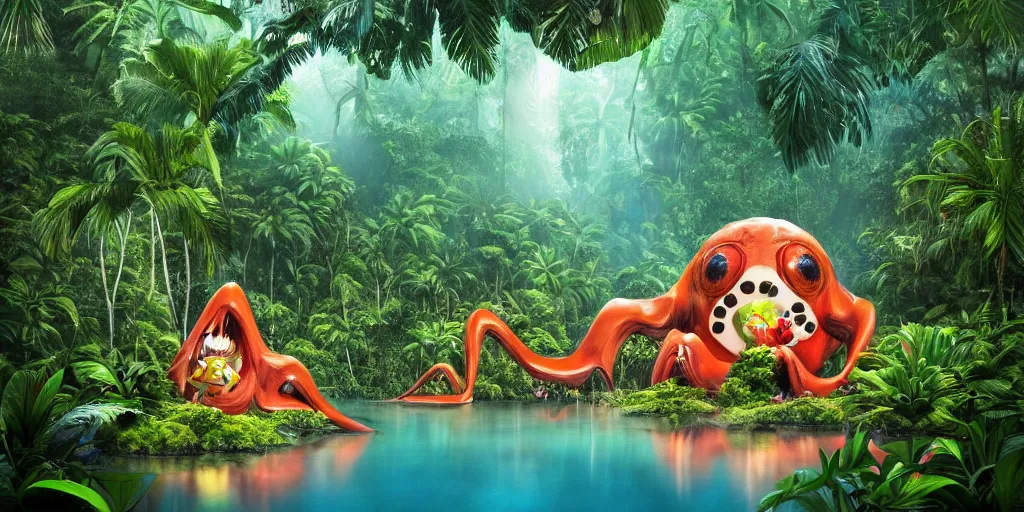 Image similar to of a tropical rainforest lake with strange cute friendly happy creatures with huge eyes, mouth, long tongue, round teeth and goofy face, appearing from the water, in the style of gehry and gaudi, macro lens, shallow depth of field, ultra detailed, digital painting, trending artstation, concept art, illustration, cinematic lighting, photorealism, epic, octane render