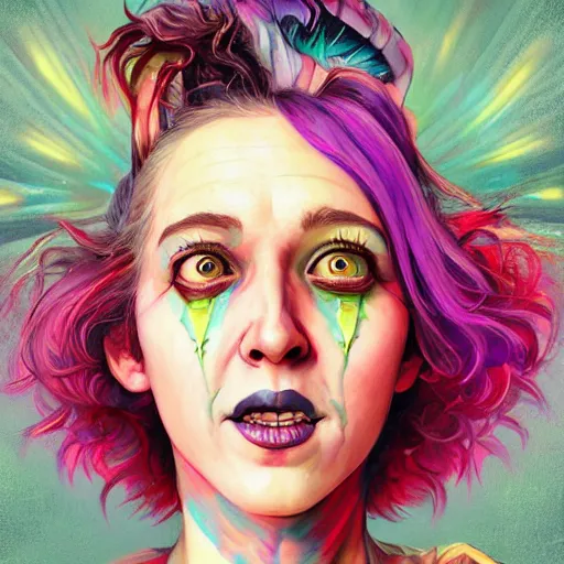 Image similar to hyperdetailed portrait of kristen schaal as delirium of the endless, colourful make up, the sandman, made by caravaggio stanley artgerm lau wlop rossdraws artstation cgsociety concept art cgsociety octane render