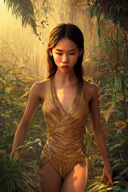 Image similar to stunningly beautiful, filipina prima ballerina in jungle, symmetrical face, golden hour, smooth, focus, highly detailed, hyper realistic, dramatic lighting, elegant, intricate, concept art, art by wlop, mars ravelo, greg rutowski, artstation