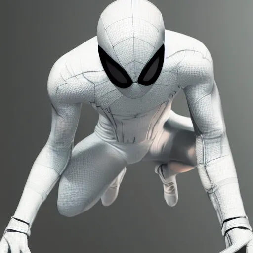 Image similar to white spider - man suit with black web lining, cinematic, volumetric lighting, realistic, hyperdetailed, photorealistic, photograph