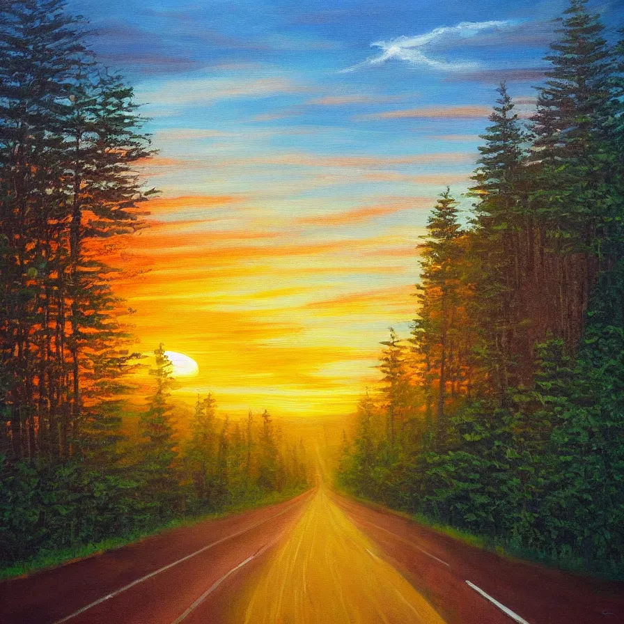 Prompt: intricate painting of a highway road leading to the horizon through a thick forest down a rocky mountain coast, the sunset is a pulsating heart of light. atmospheric good vibes