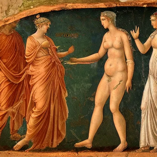 Image similar to ancient roman fresco showing juno scolding venus and mars for posting divine secrets on twitter