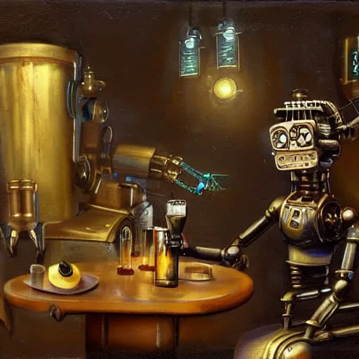 Prompt: a steampunk robot is at the sports bar and orders a drink from a cyber punk (TY beanie baby puppy), cgsociety, old master.