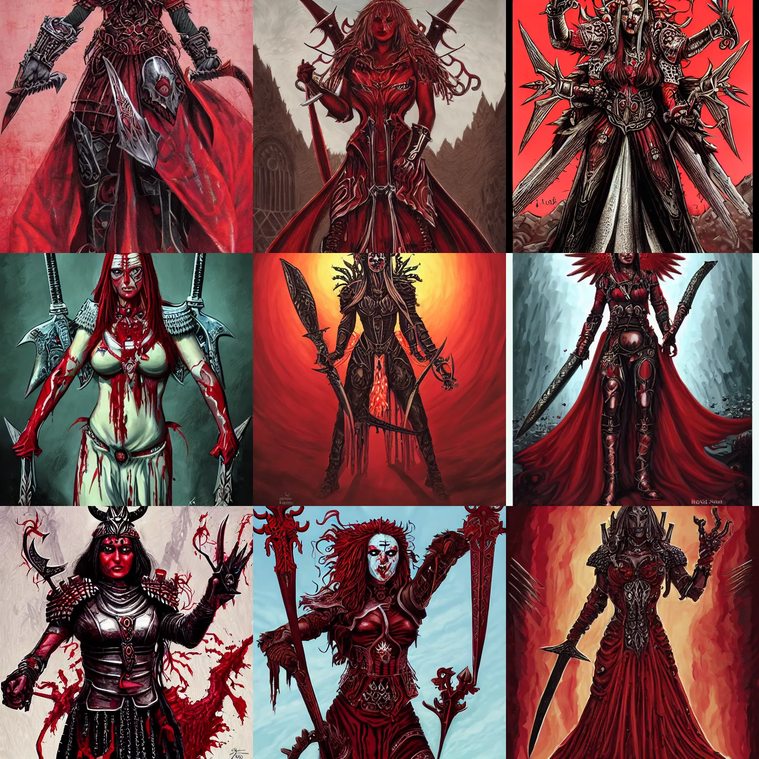Prompt: Valkia the Bloody, the Gorequeen, the Valkyrie, the Bringer of Glory, the Sword-Maiden of the Blood God and the Dread-Consort of Khorne by Jeffrey Smith